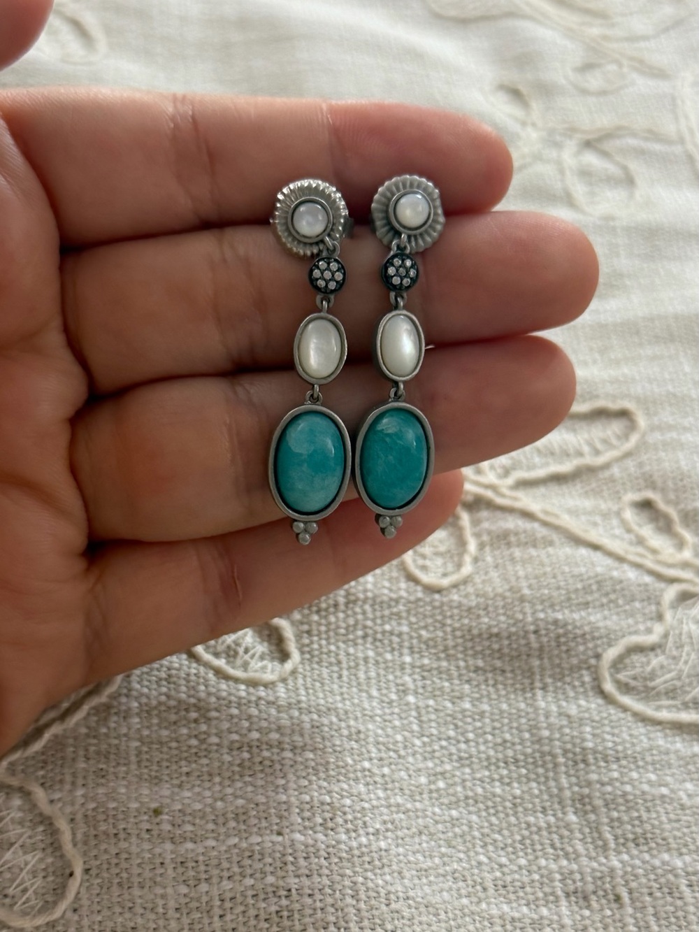 Freida Rothman Sterling Silver Amzontite, MOP and Dangle Earrings
